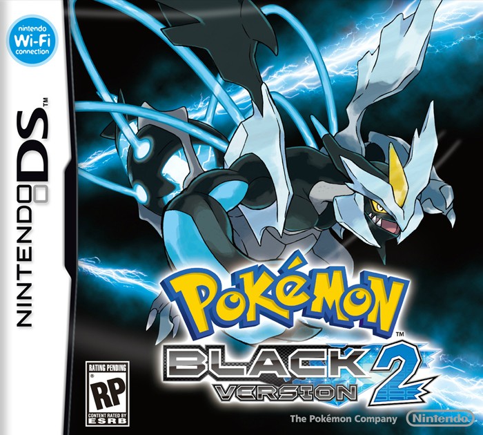 the box art for pokemon black 2. it features black kyurem on a black background with blue lightning arcs